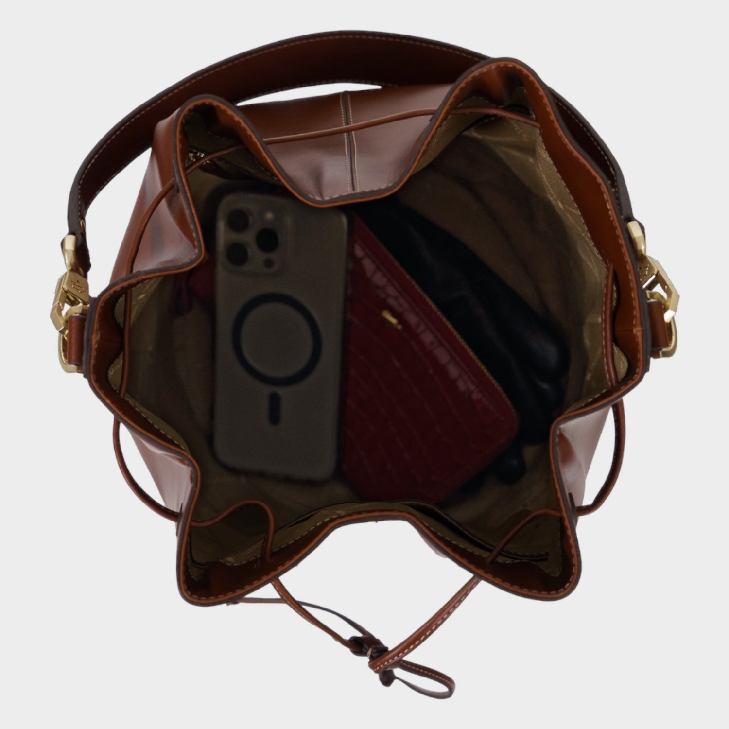 Innenansicht ALICE Bucket Bag cognac