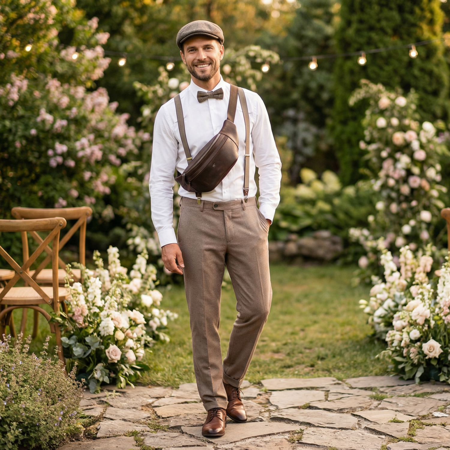 Mann auf einer Hochzeit brauner Corssbody-Bag