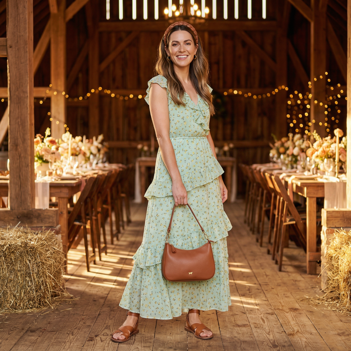 Frau auf einer Scheunenhochzeit mit passender Handtasche