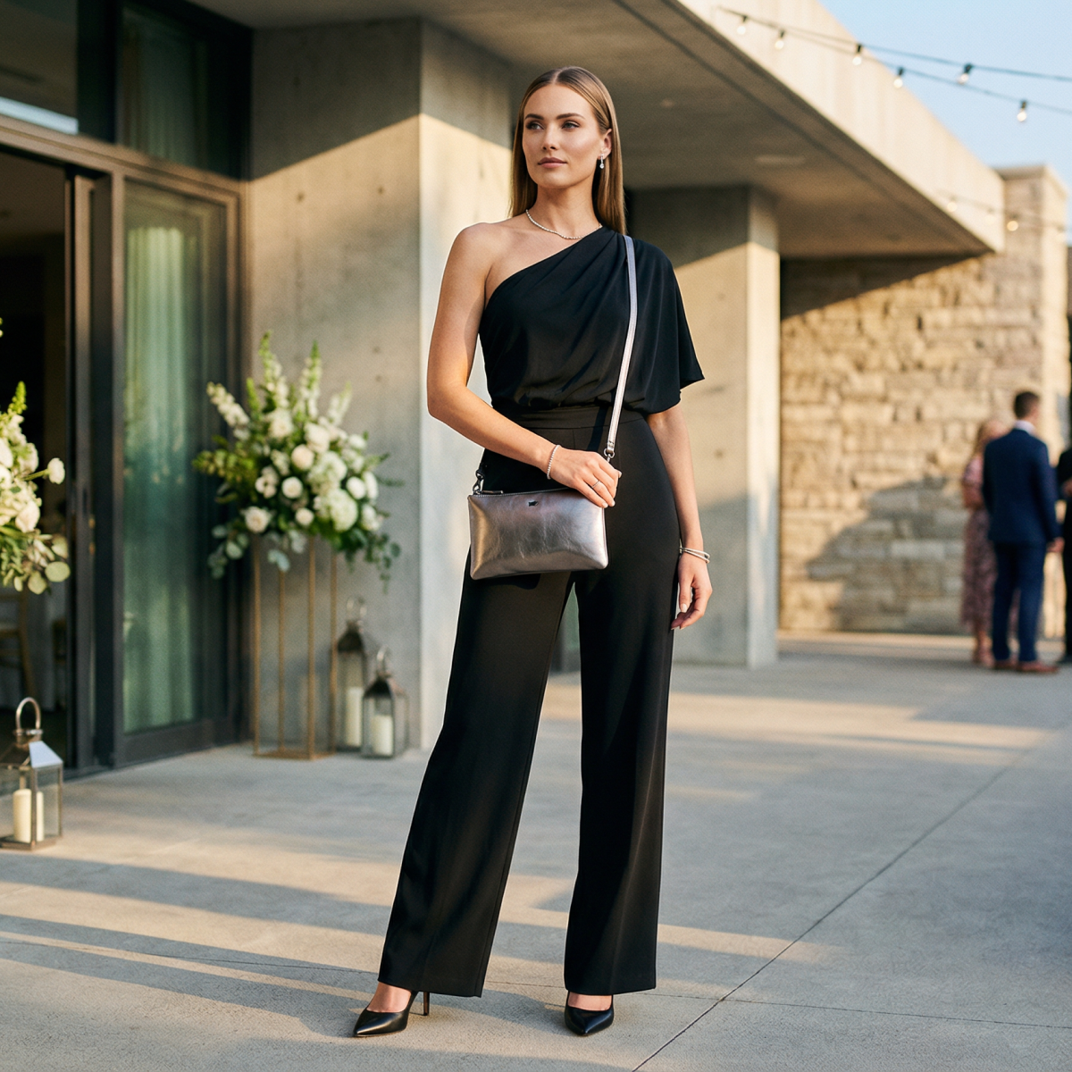 Frau auf einer City-Hochzeit mit schicker Handtasche