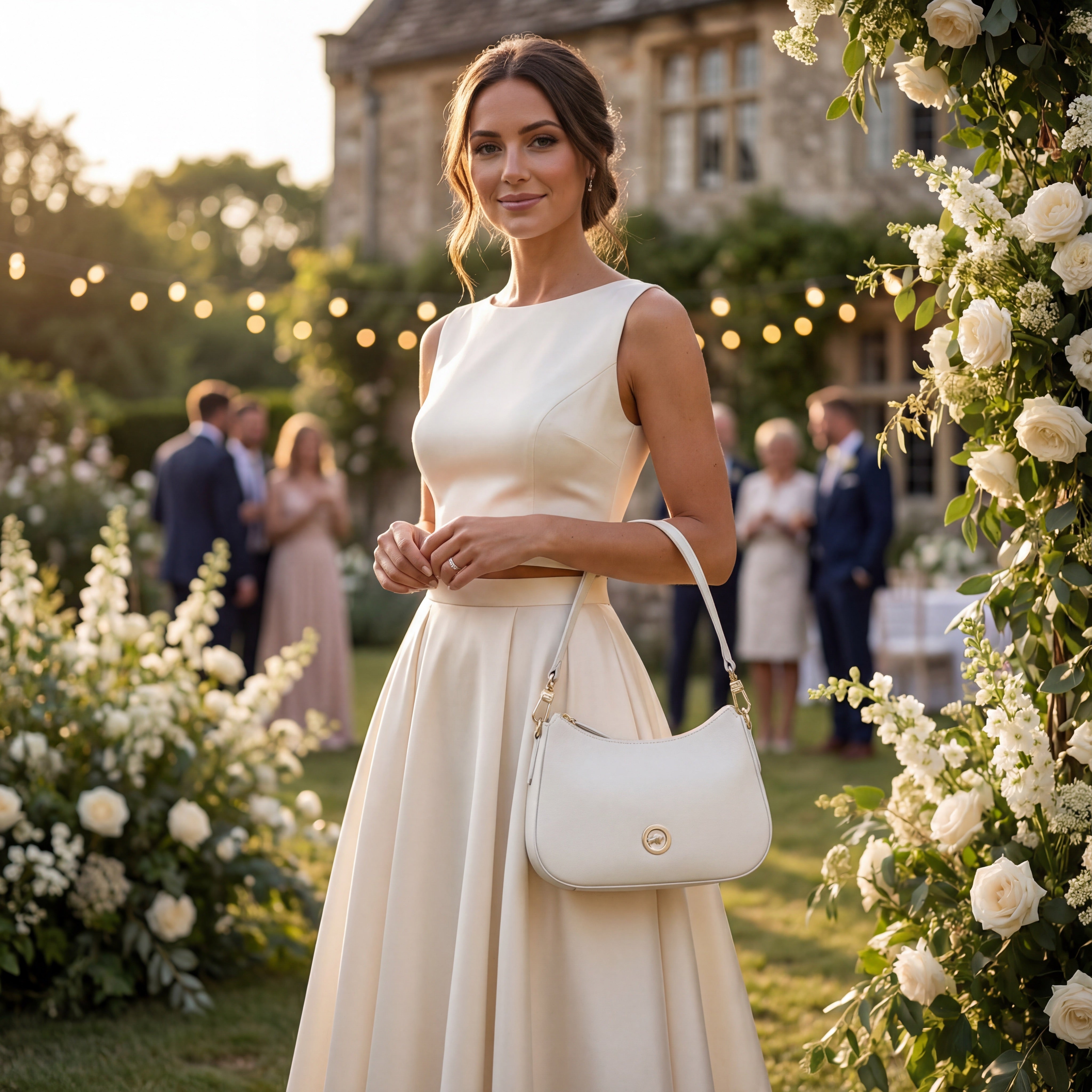 Braut in weißen Kleid mit weißer Leder-Tasche von Braun Büffel