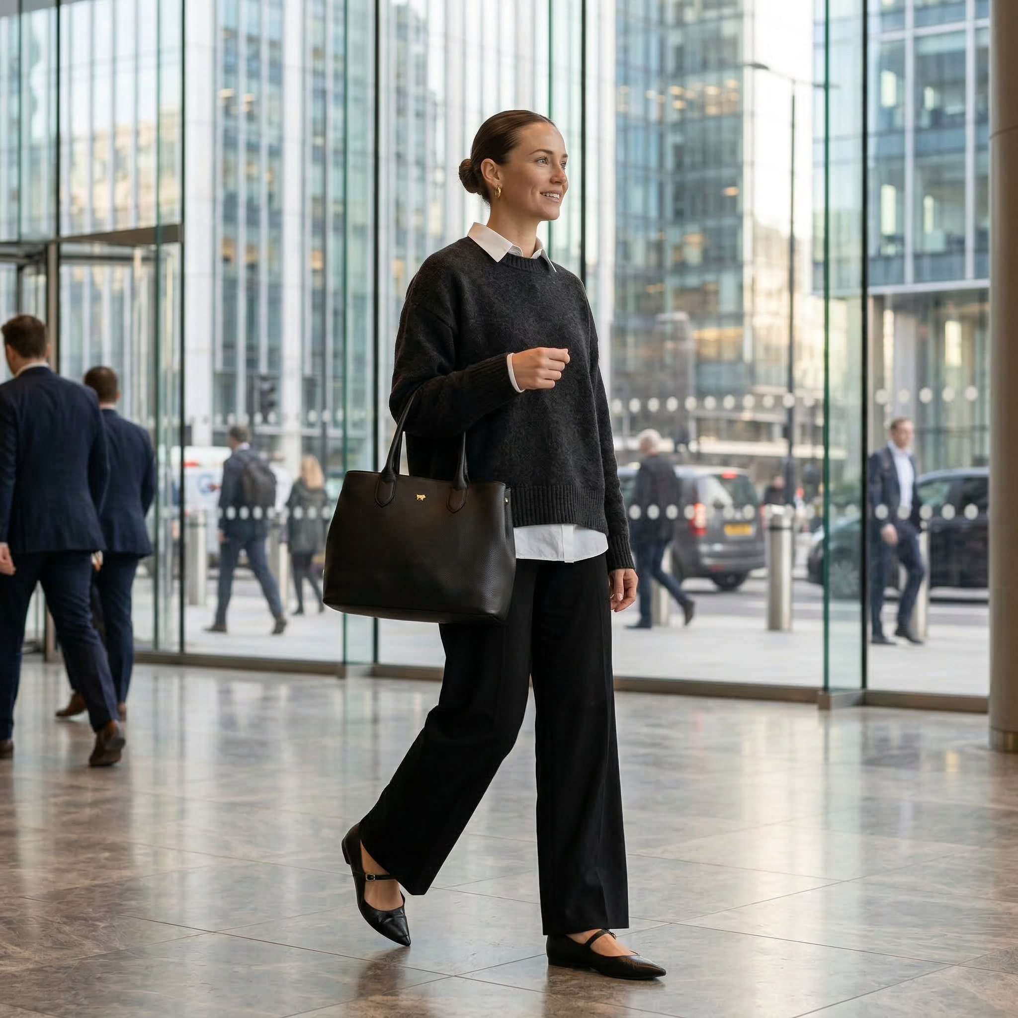 Frau mit schwarzer Tote Bag aus Leder im Business Casual Look