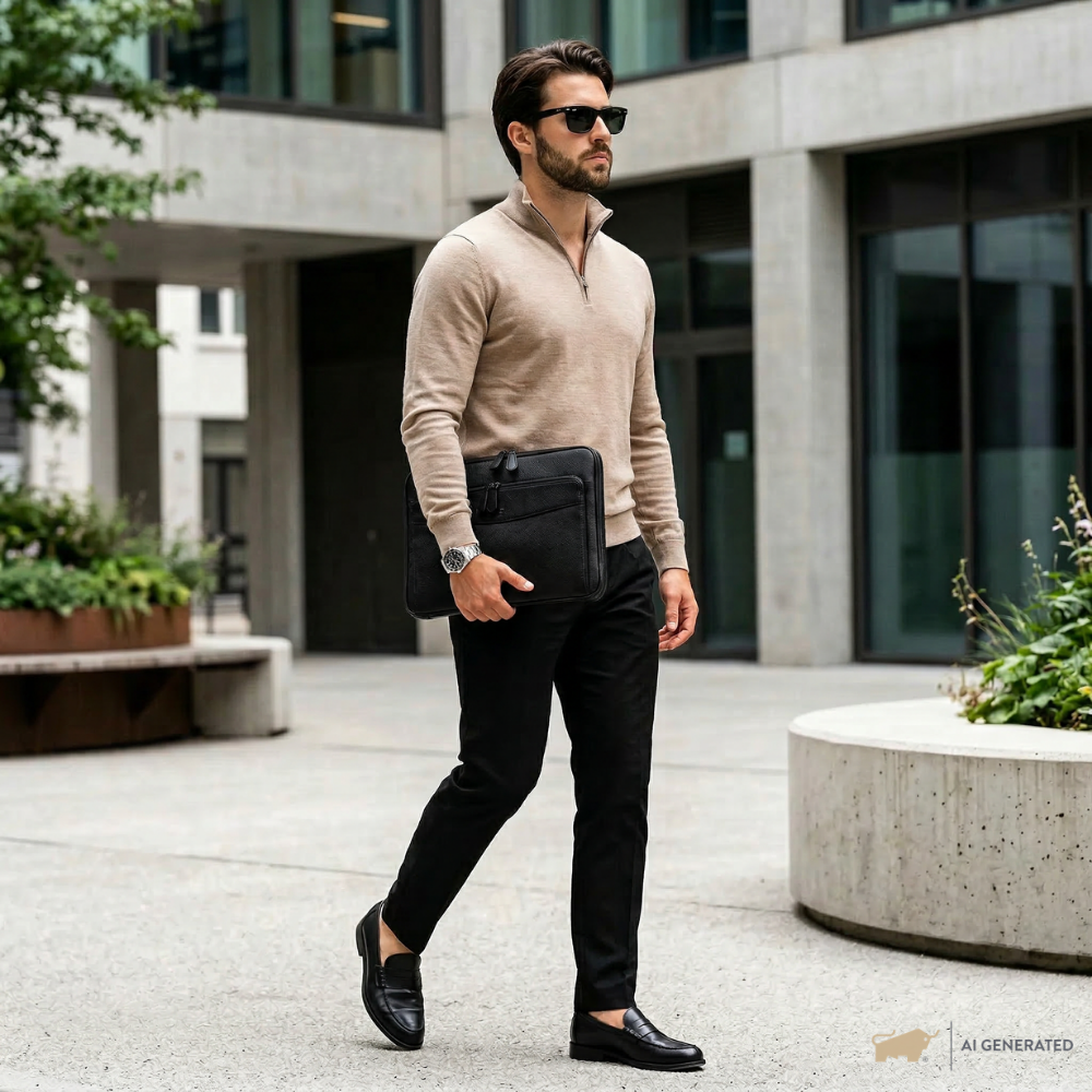 Schwarze Meetingmappe aus Leder mit Business Casual Look