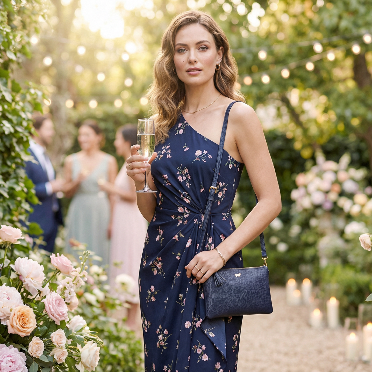 Frau auf einer Gartenhochzeit mit blauer Handtasche