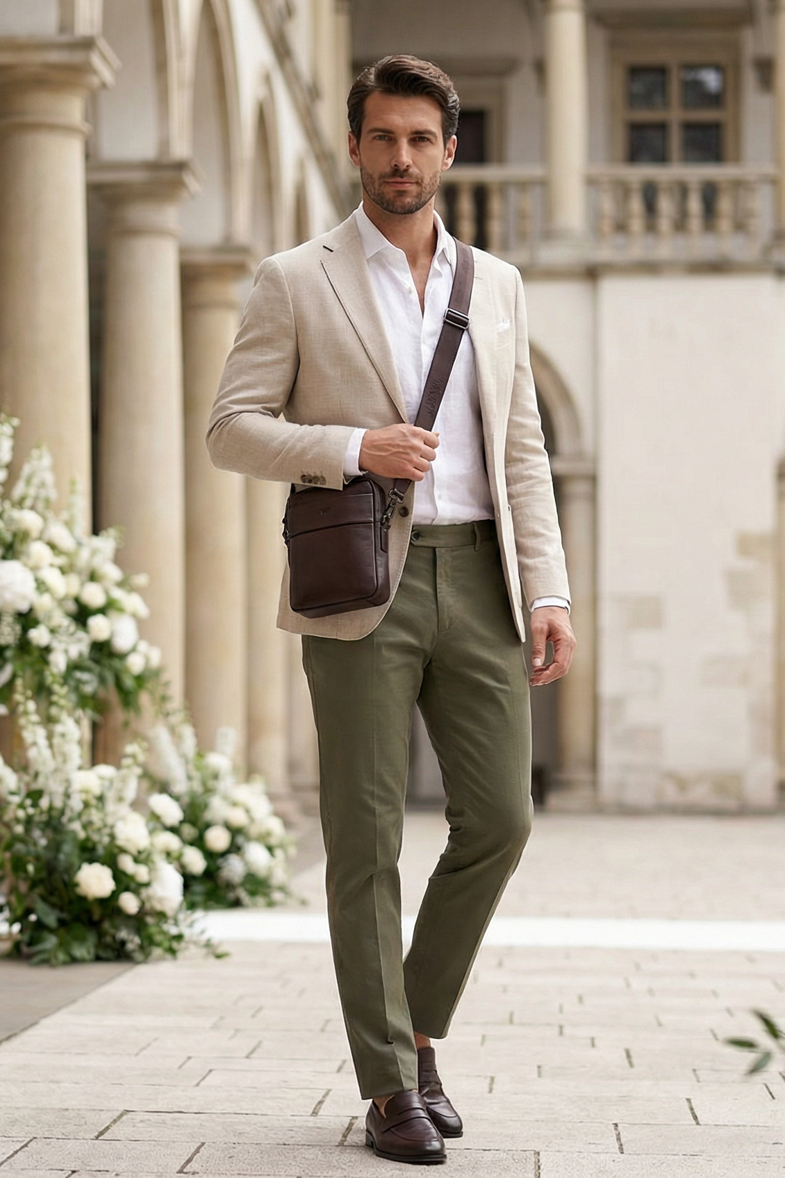 Mann auf einer Hochzeit im Anzug mit brauner Umhängetasche