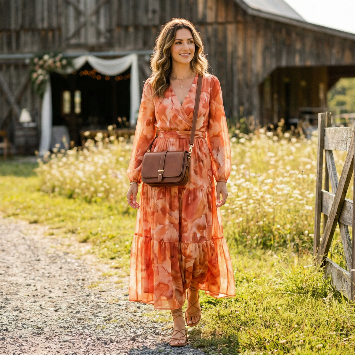 Frau auf einer Scheunenhochzeit mit passenden Umhängetasche