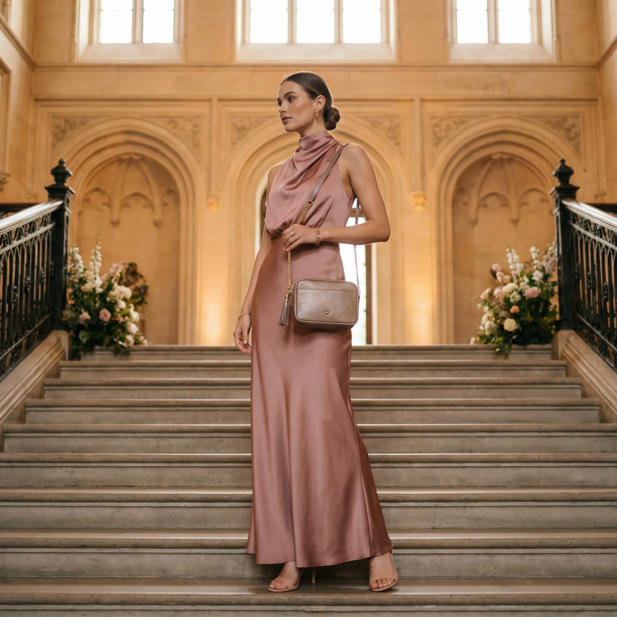 Frau auf einer Schlosshochzeit mit eleganter Umhängetasche