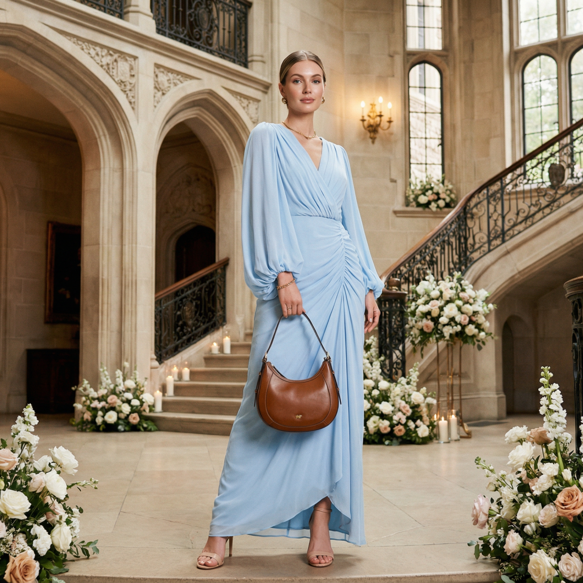 Frau auf einer Schlosshochzeit mit eleganter Handtasche