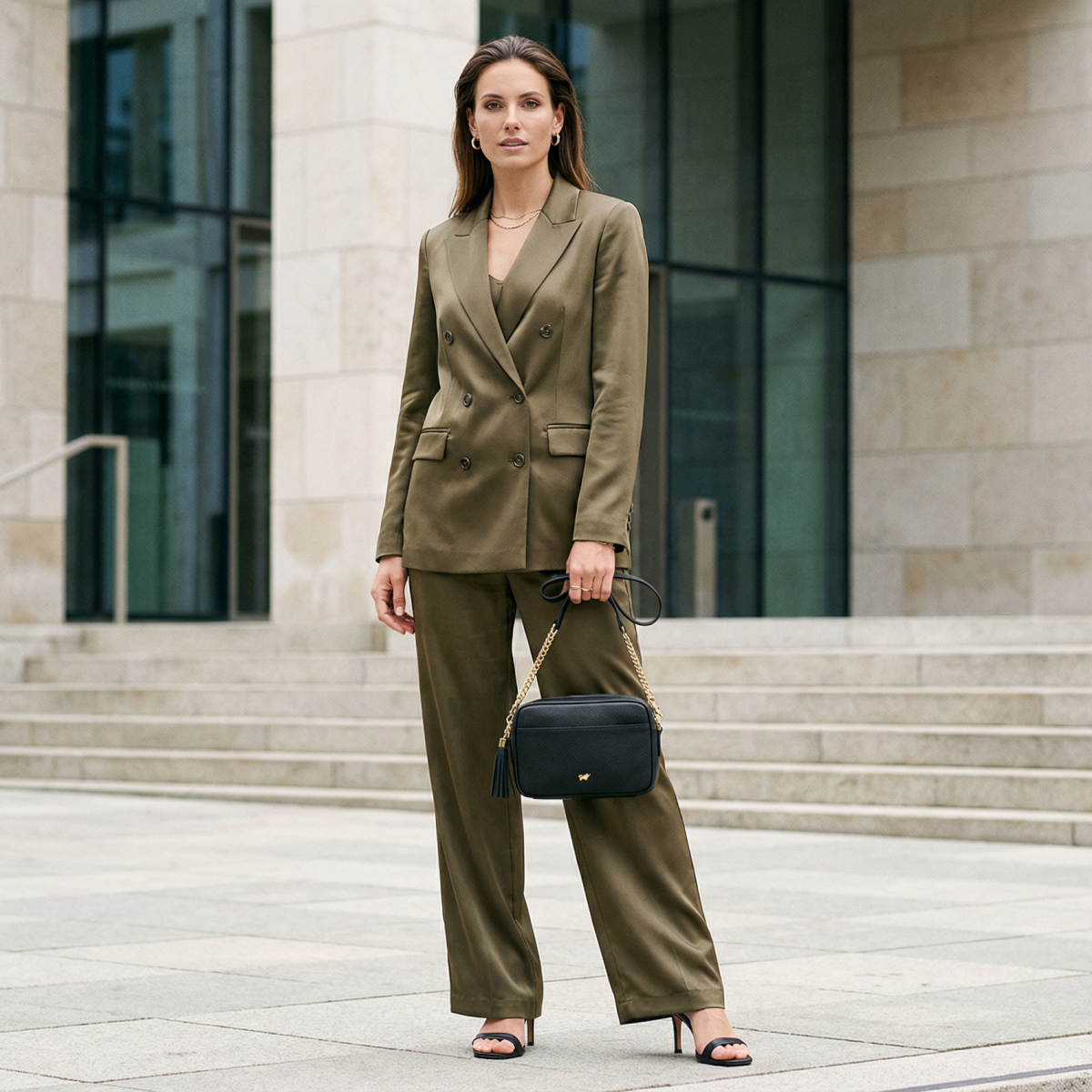 Frau auf einer City-Hochzeit mit schicker Handtasche